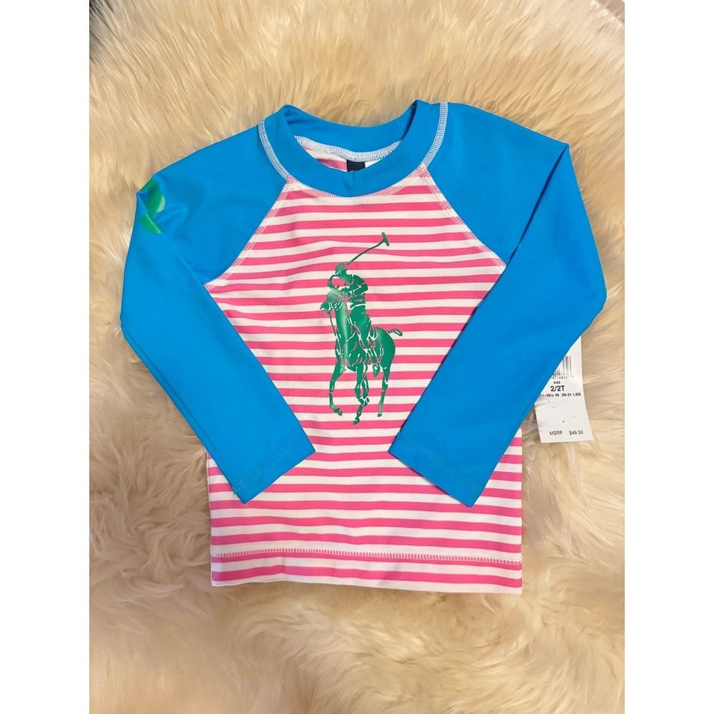 Polo Ralph Lauren Rash Guard Swim Shirt 2T Blue Pink Stripe Big Pony NWT